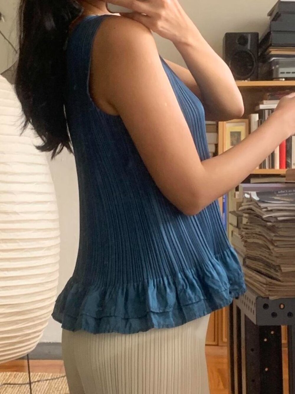 Issey Miyake Pleats Please Silk Ruffle Sleeveless Top Steel Blue JP3